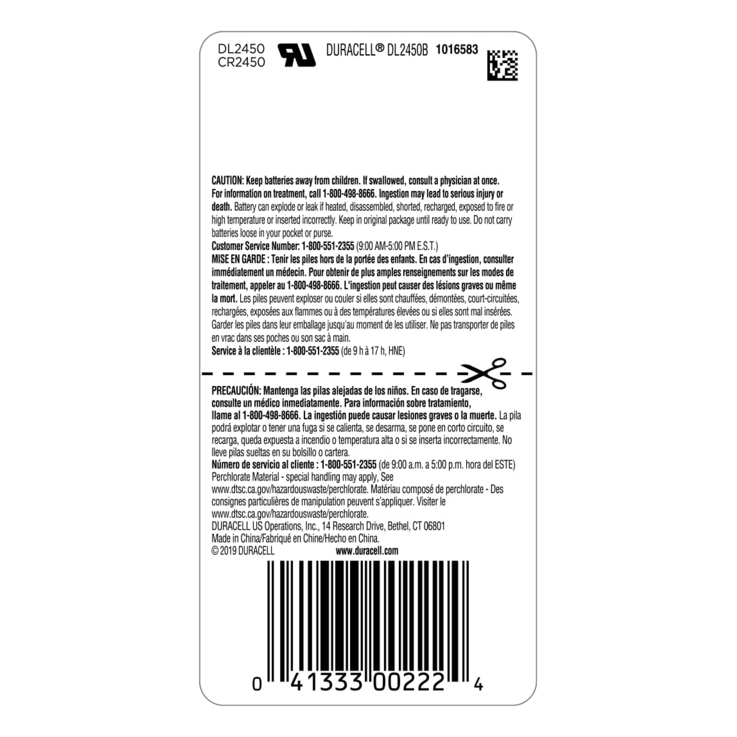 Duracell CR2450 Lithium Coin DL2450BPK